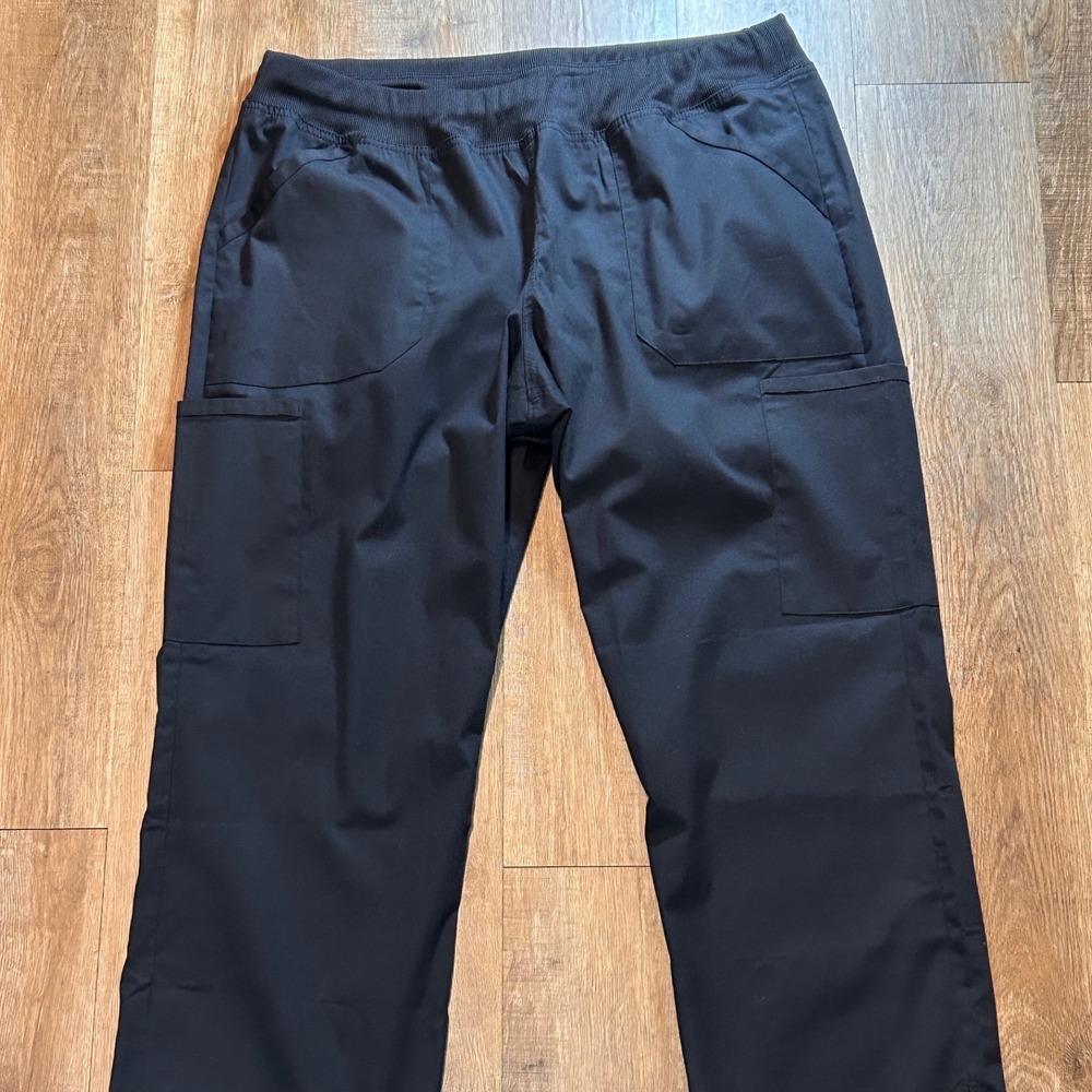 Cherokee Workwear Women Black Elastic Waist Cargo Scrub Pants Straight Leg
